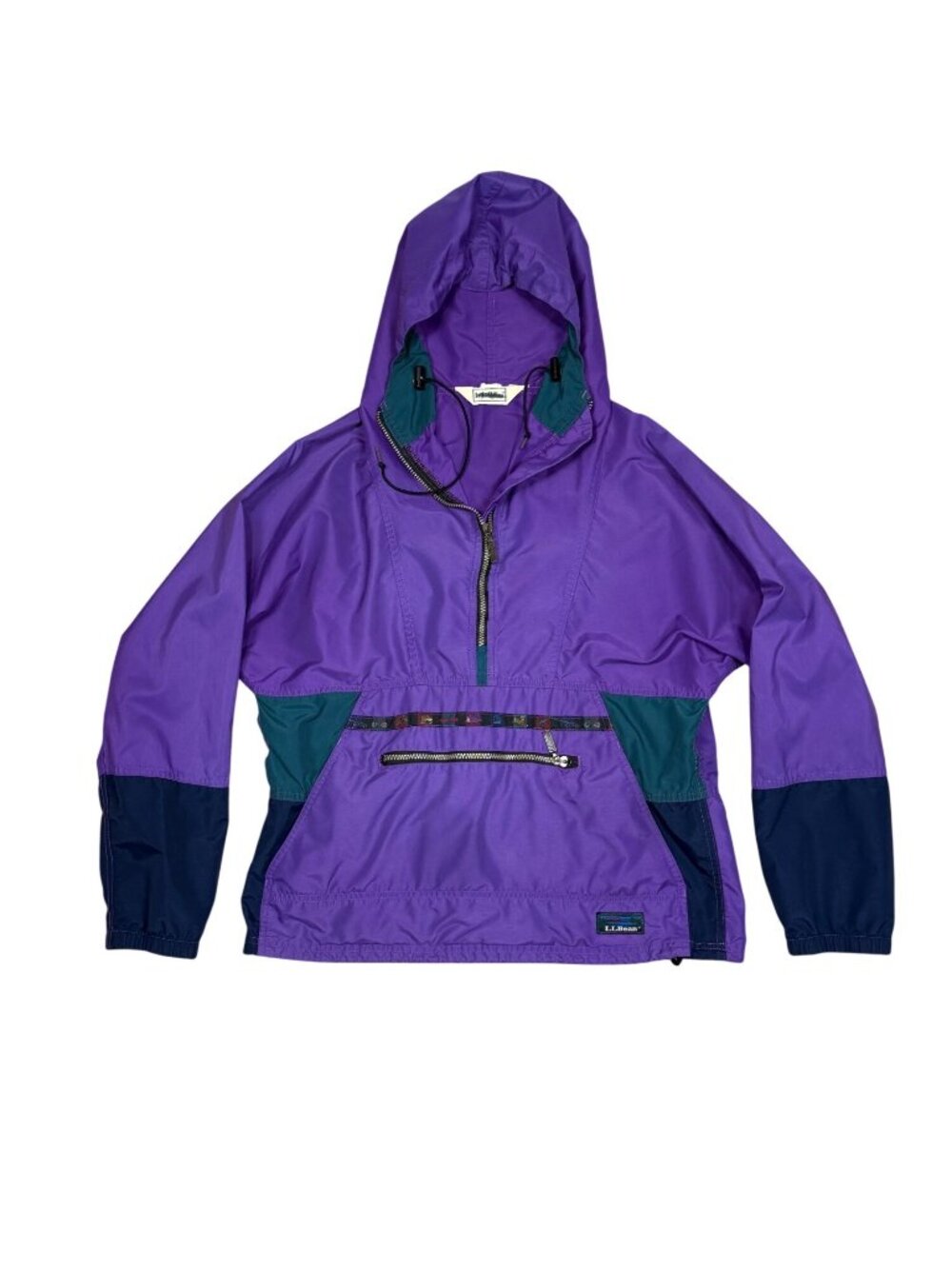 Vintage 80s L.L. Bean Pullover Anorak Jacket Colorblock Purple Teal Adjustable H